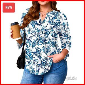 Plus Size 3/4 Sleeve V Neck Tunic Blouse Loose Fit Business Casual